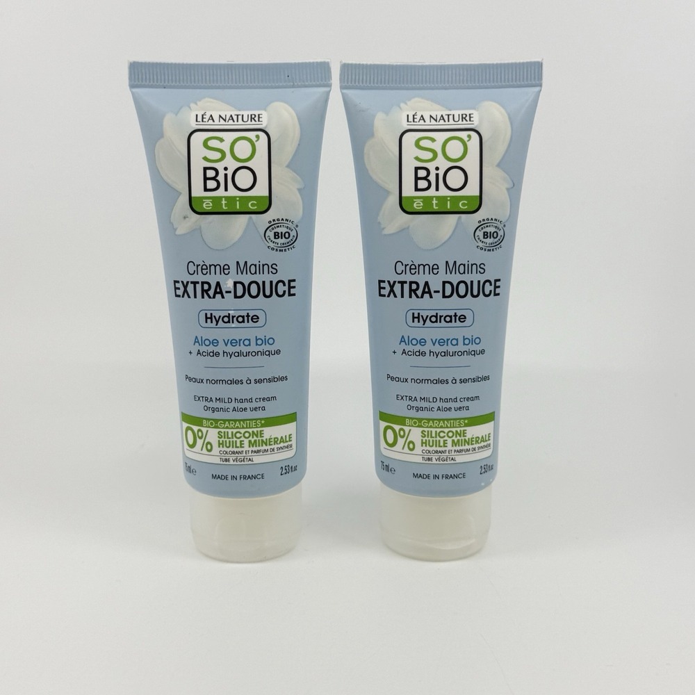 2 X SO'BIO Etic Hydrate Creme Aloe Vera Extra Mild Hand Cream 2.53oz / 75mL NEW